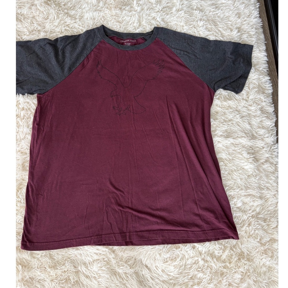 American Eagle XXL T Shirt Mens Burgundy Gray Eagle Logo Raglan Tee‎